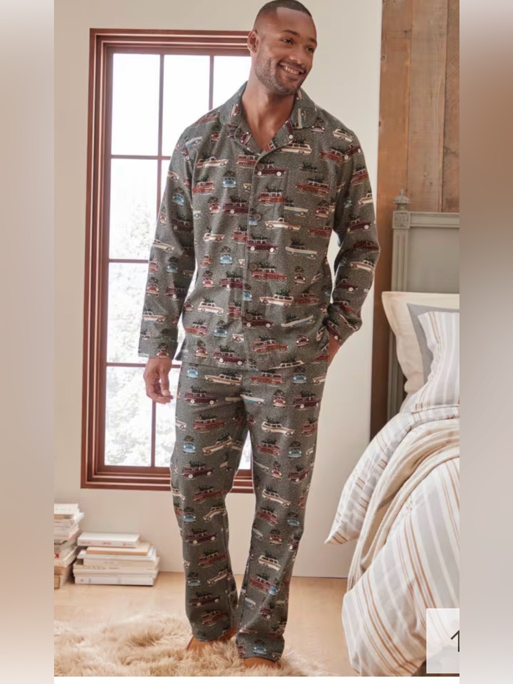 Men's Pima Cotton Gray Patterned Button-Up Pajama Set with Vintage Car Print